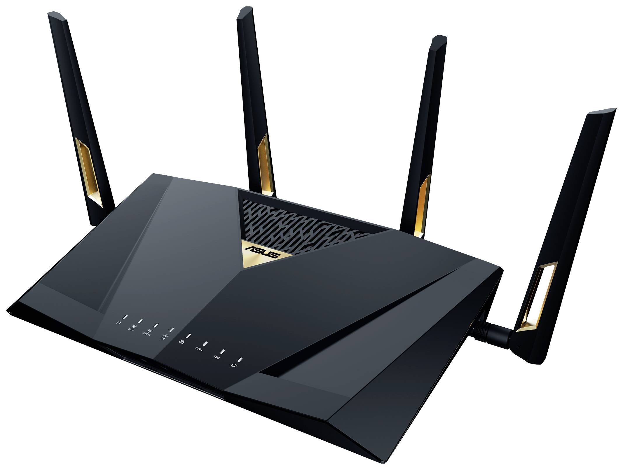 WLAN-router met vier antennes, geschikt voor snel internet in huishoudens of kantoren. Modern design, zwart met gouden accenten.