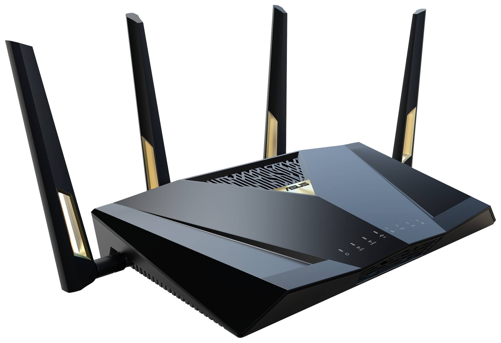 Een zwarte wifi-router met vier antennes. Het design is modern en hoekig, met verlichtende accenten op de antennes.