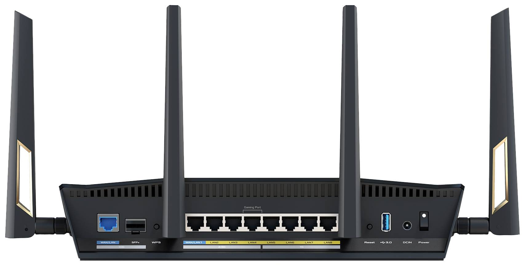 Een router met vier antennes, meerdere Ethernet-poorten en USB-aansluitingen aan de achterkant, geschikt voor bekabelde en draadloze netwerken.