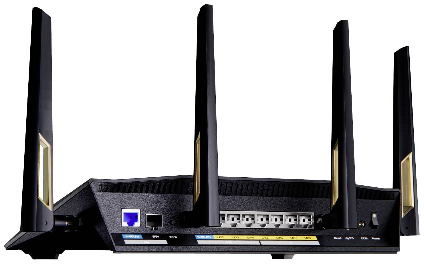 WLAN-router met vier antennes, achterkant toont Ethernet- en netwerkkabelaansluitingen, benadrukt connectiviteit en signaalsterkte.