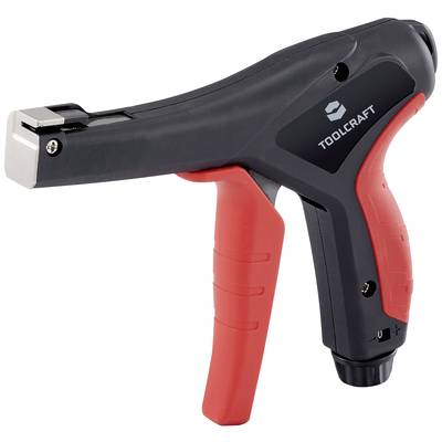 Kabelbindertang met ergonomische greep, zwarte behuizing en rode handgreep. Merk 'Toolcraft' zichtbaar aan de zijkant.