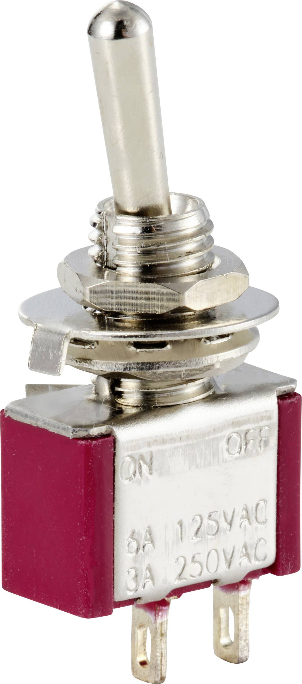 Een tuimelschakelaar met opschrift 'ON OFF', geschikt voor 5A 125VAC en 3A 250VAC.