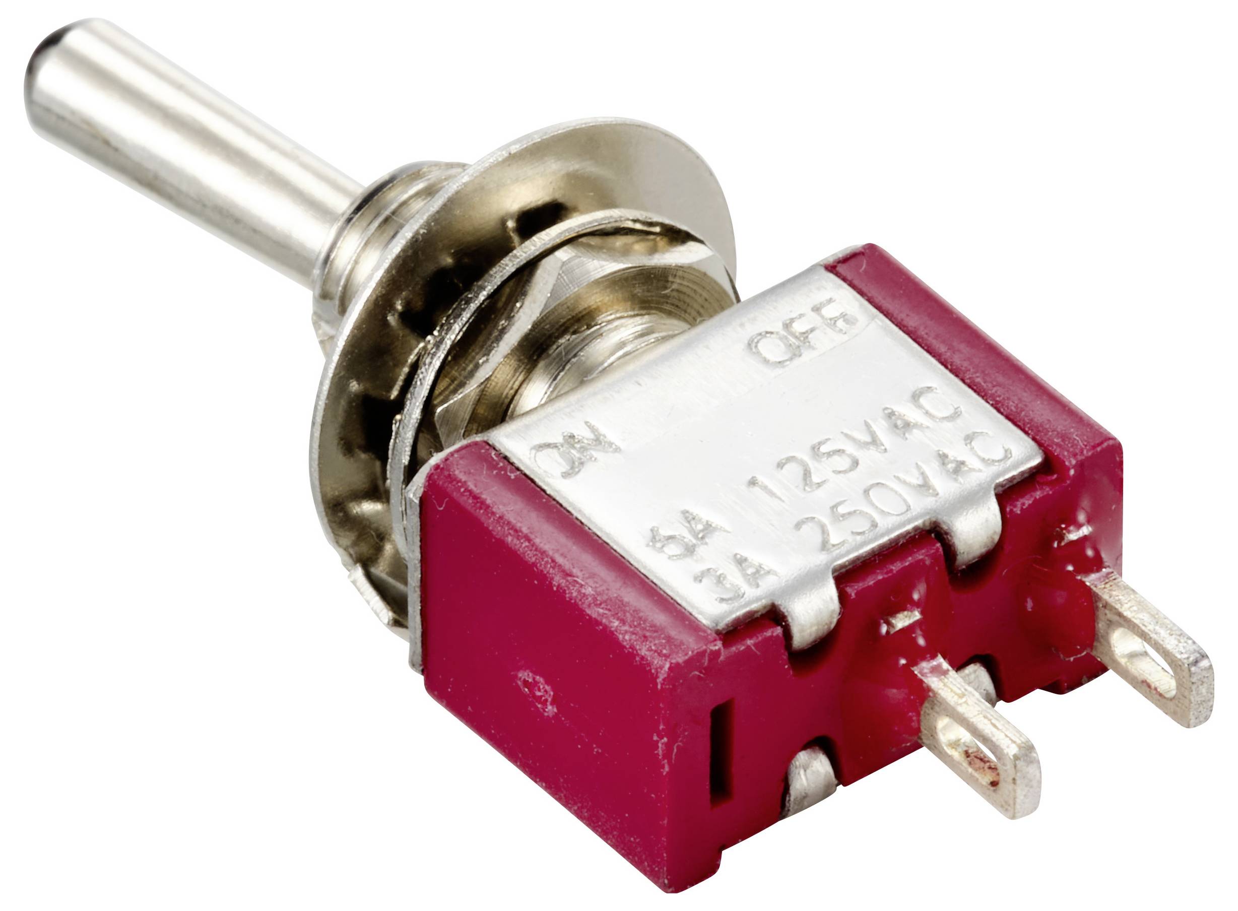 Close-upfoto van een tuimelschakelaar met een rood behuizing en twee metalen contacten. Tekst op de schakelaar: 'AAN UIT 3A 125VAC 3A 250VAC'.