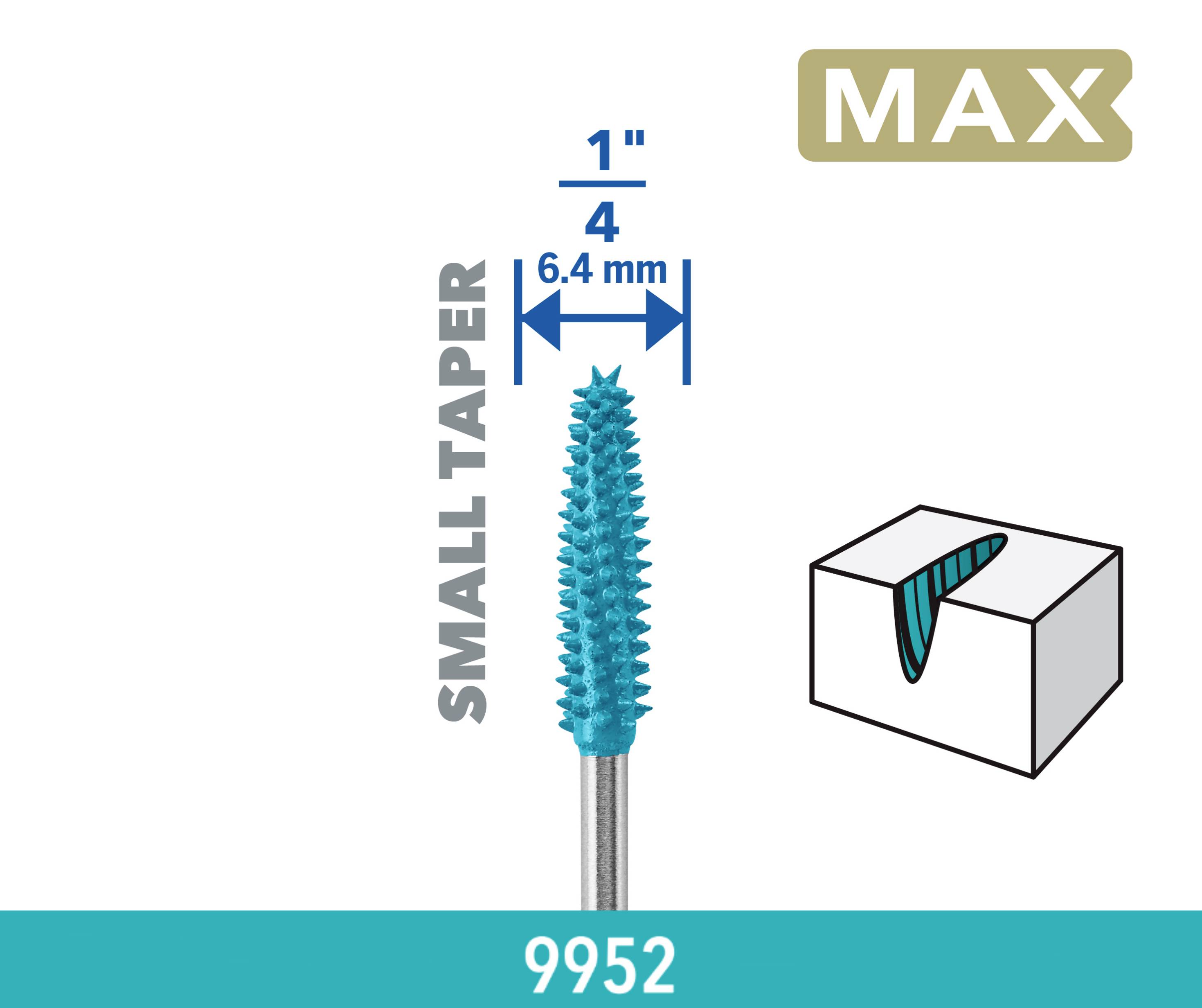 'MAX' Keramische nagelfrees, kleine kegel, 6,4 mm diameter, artikelnummer 9952. Toont slanke opzetstuk in pakketillustratie.