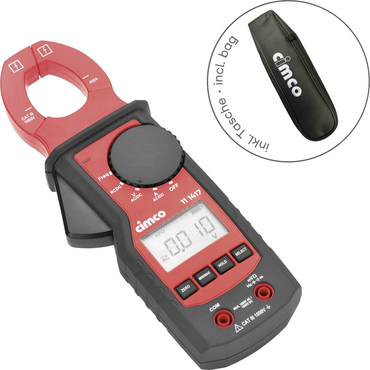 Schuifmaat met digitaal display, toont '0.0', rood en zwart design. Tas met 'cimco' logo rechts.