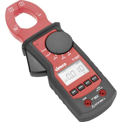 Een rood digitaal tangenmultimeter met een open tangenopening. Het LCD-display toont '0.01'. Knoppen voor verschillende meetfuncties aanwezig.