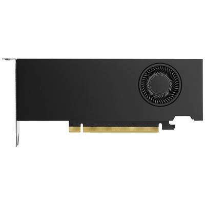 Zwarte grafische kaart met ventilator aan de rechterkant, gouden PCIe-aansluiting onderaan.