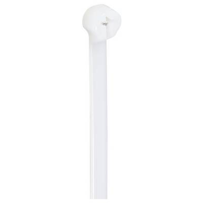 Een witte kabelbinder is close-up te zien. Hij heeft een gladde oppervlakte en een lus aan het eind om te sluiten.