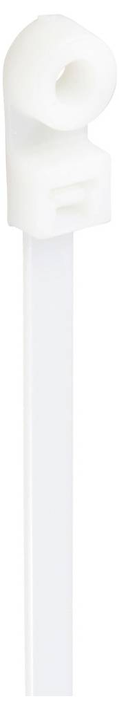 Een witte kabelbinder met een speciaal kopdesign voor bevestiging aan een schroef of een kleine paal.