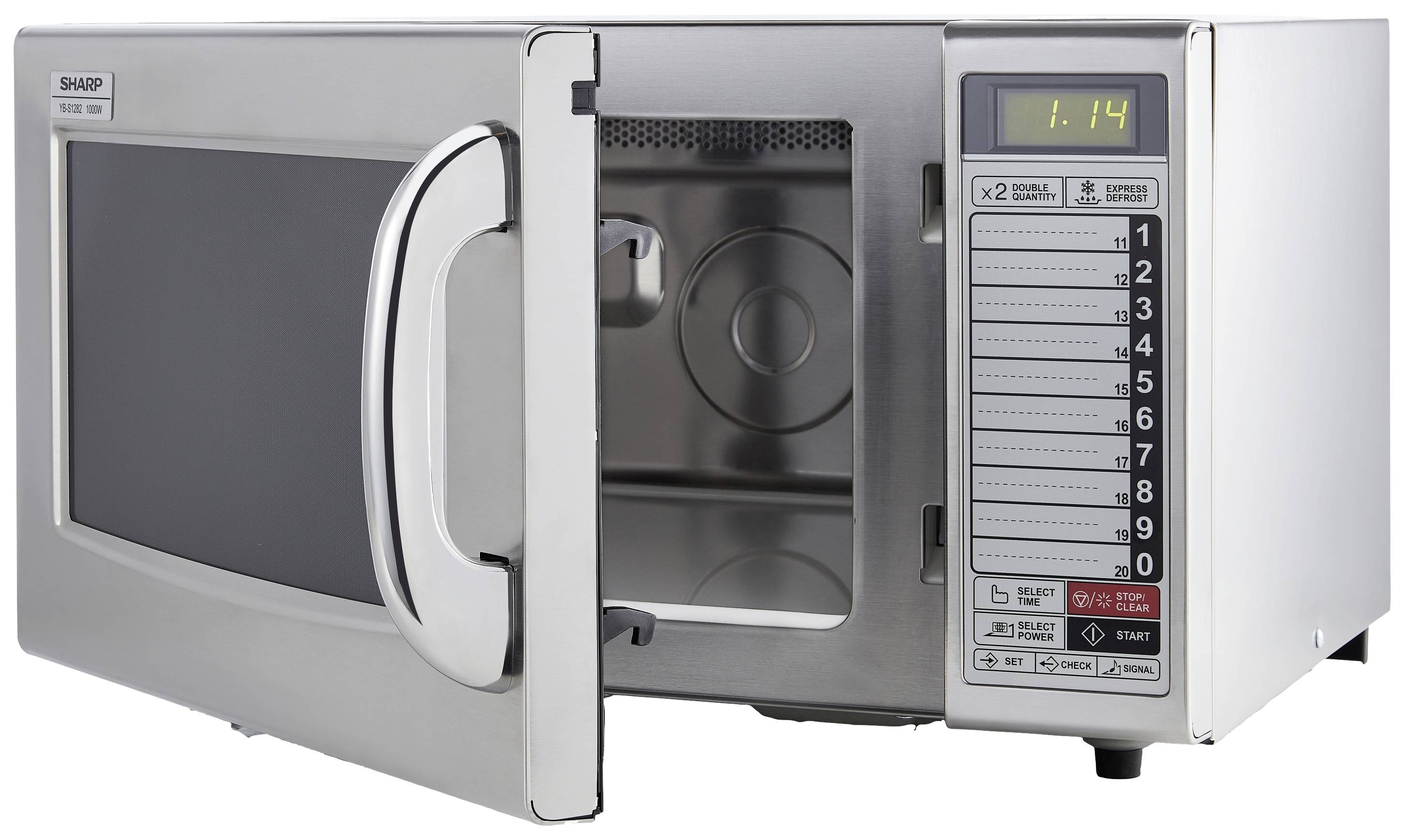 Een roestvrijstalen magnetron met een open deur en een digitaal display. De bedieningselementen zijn rechts naast de deur geplaatst.