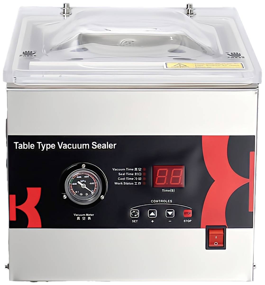 Vacuümverpakkingsmachine met digitaal display, drukindicator en bedieningstoetsen. Geschikt voor gebruik op tafel.