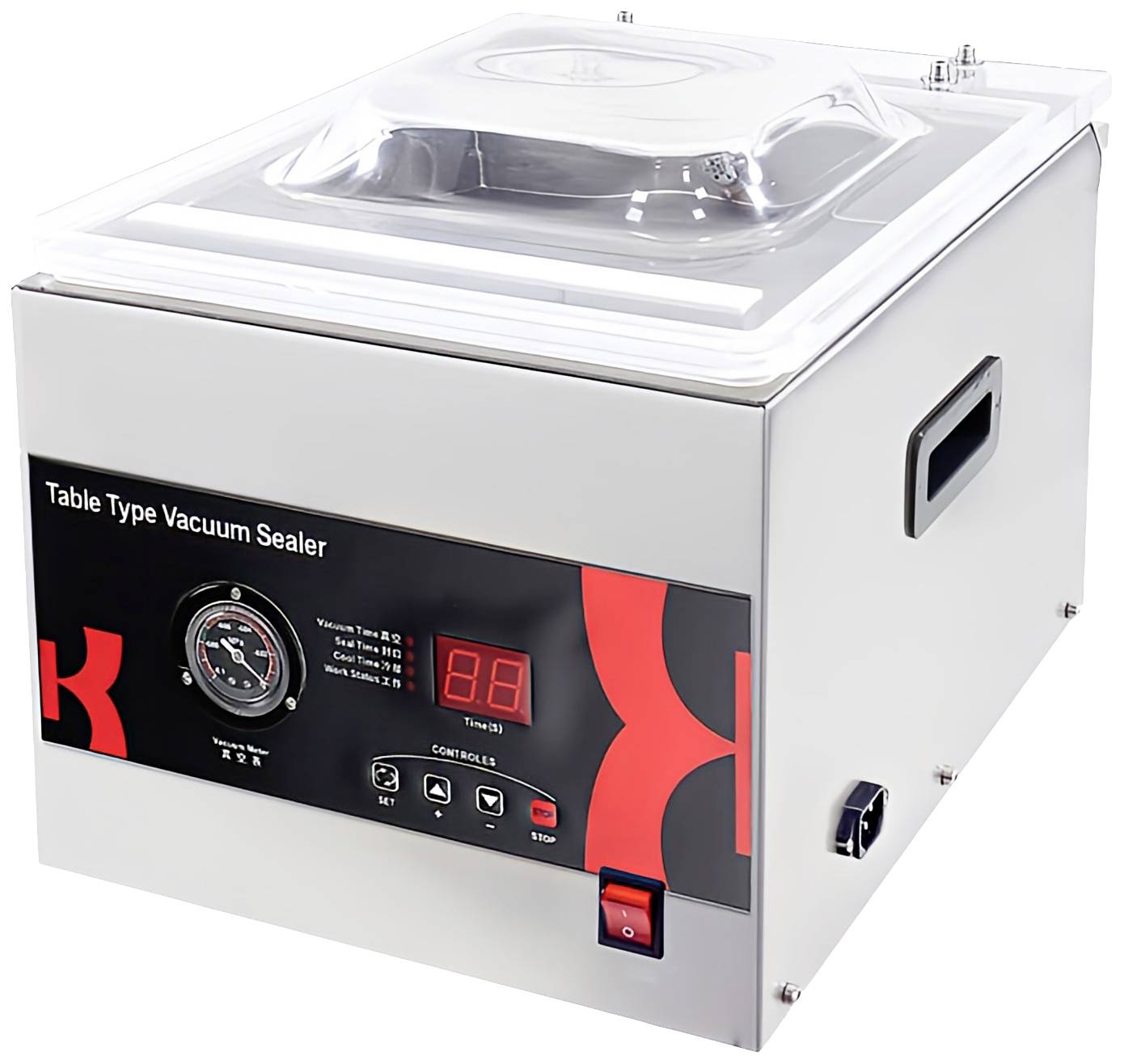 Vacuümmachine op een tafel met een digitaal display en bedieningspaneel. Apparaat voor het verzegelen van voedsel in zakken door de lucht eruit te zuigen.