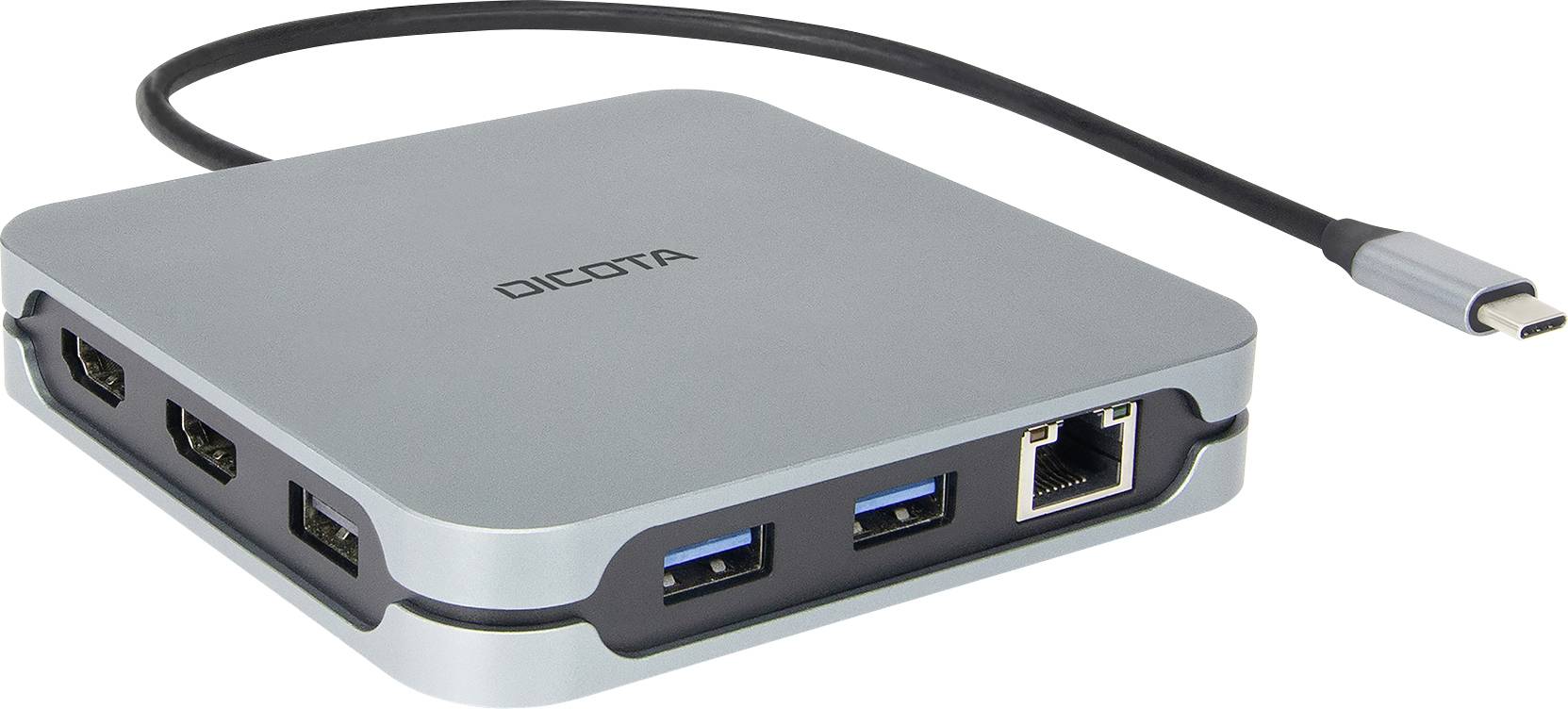 Een zilveren USB-C-hub met meerdere poorten, waaronder HDMI, USB en Ethernet, gemarkeerd met 'DICOTA'.