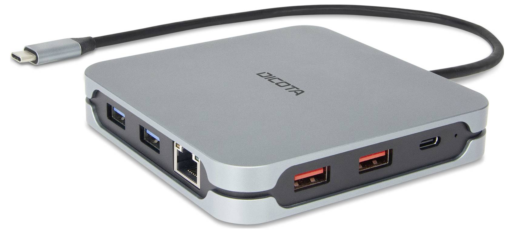 Een compacte, zilveren USB-C-dockingstation met Ethernet-, HDMI- en meerdere USB-poorten.