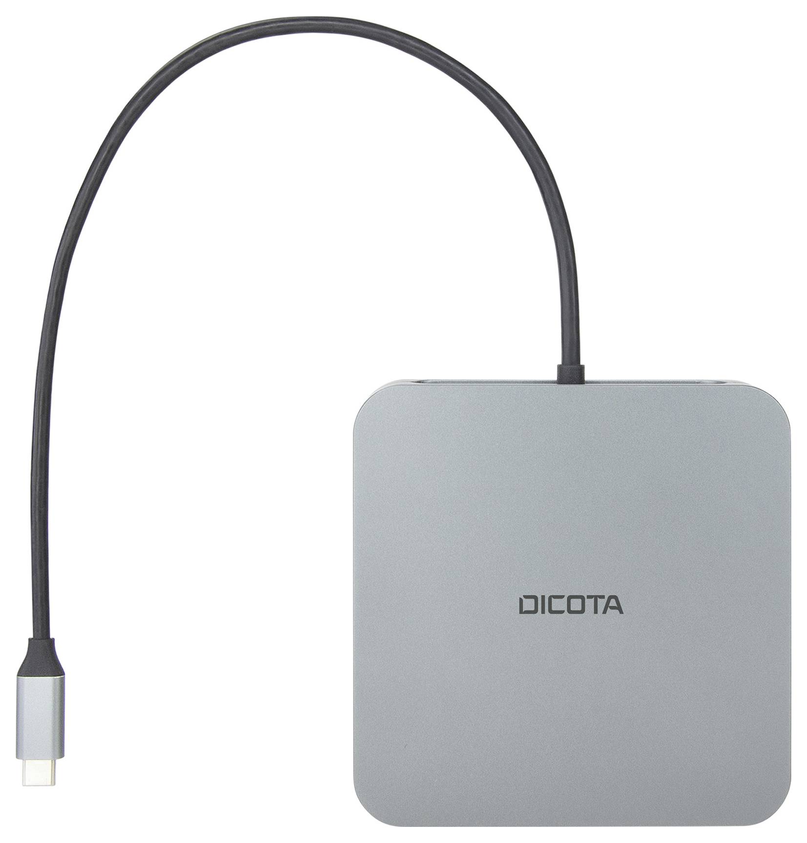 Grijze USB-C-hub van DICOTA met meerdere aansluitingen en zwarte kabel, maakt verbinding tussen verschillende apparaten mogelijk.