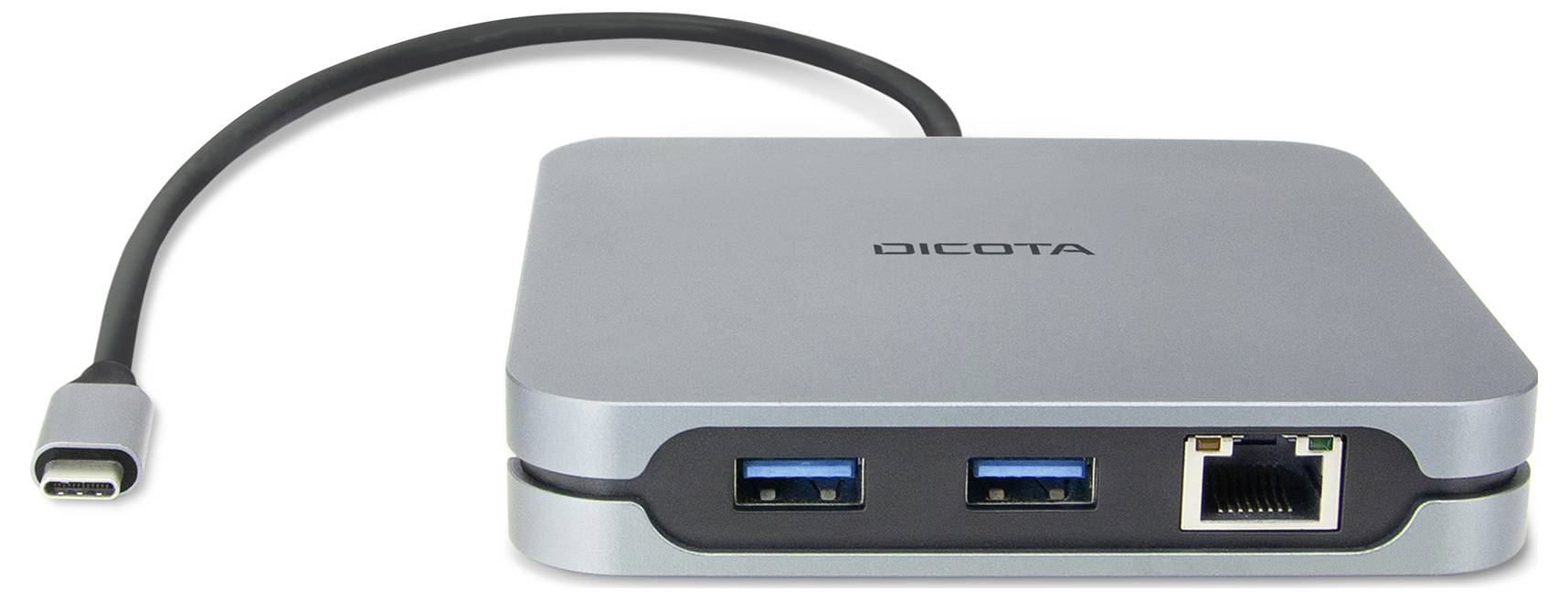 USB-C-hub met twee USB-3.0-poorten en een Ethernet-poort, gemarkeerd met 'Dicota'. Zwarte kabel met USB-C-stekker.