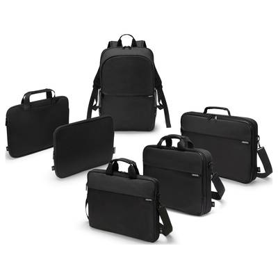 Verschillende zwarte laptoptassen en rugzakken zijn gerangschikt op een witte achtergrond. Verschillende ontwerpen en formaten zijn zichtbaar.