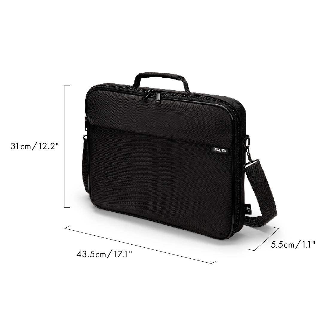Zwarte laptoptas met rits en handgreep. Afmetingen: 31 cm x 43,5 cm x 5,5 cm (12,2" x 17,1" x 1,1").