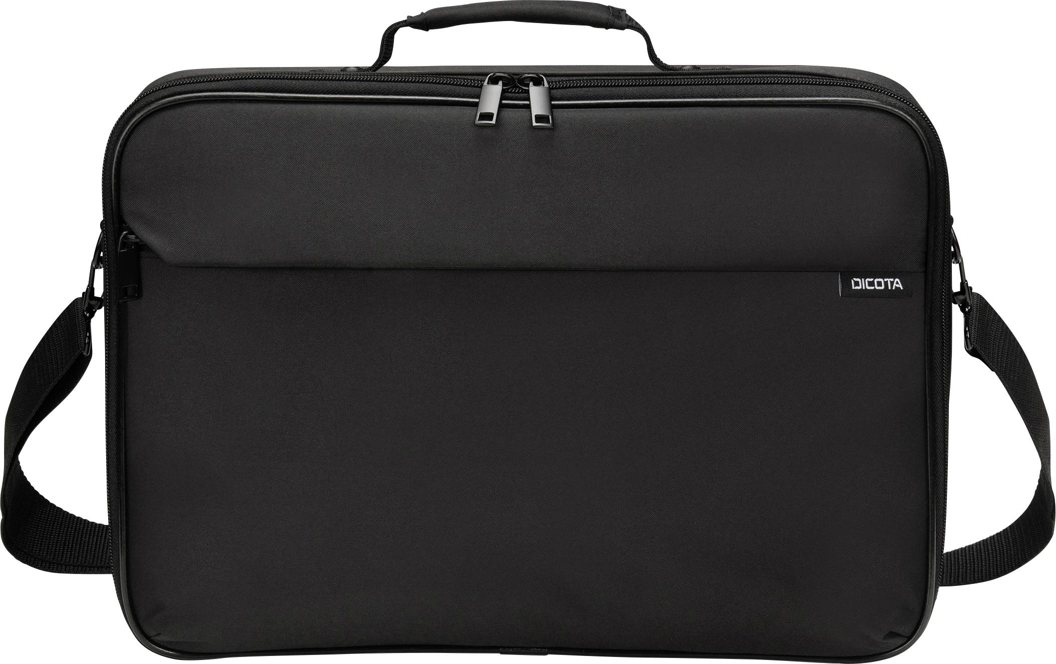 Een zwarte laptoptas met rits, voorvak en schouderband, ideaal voor het veilig vervoeren van een laptop.