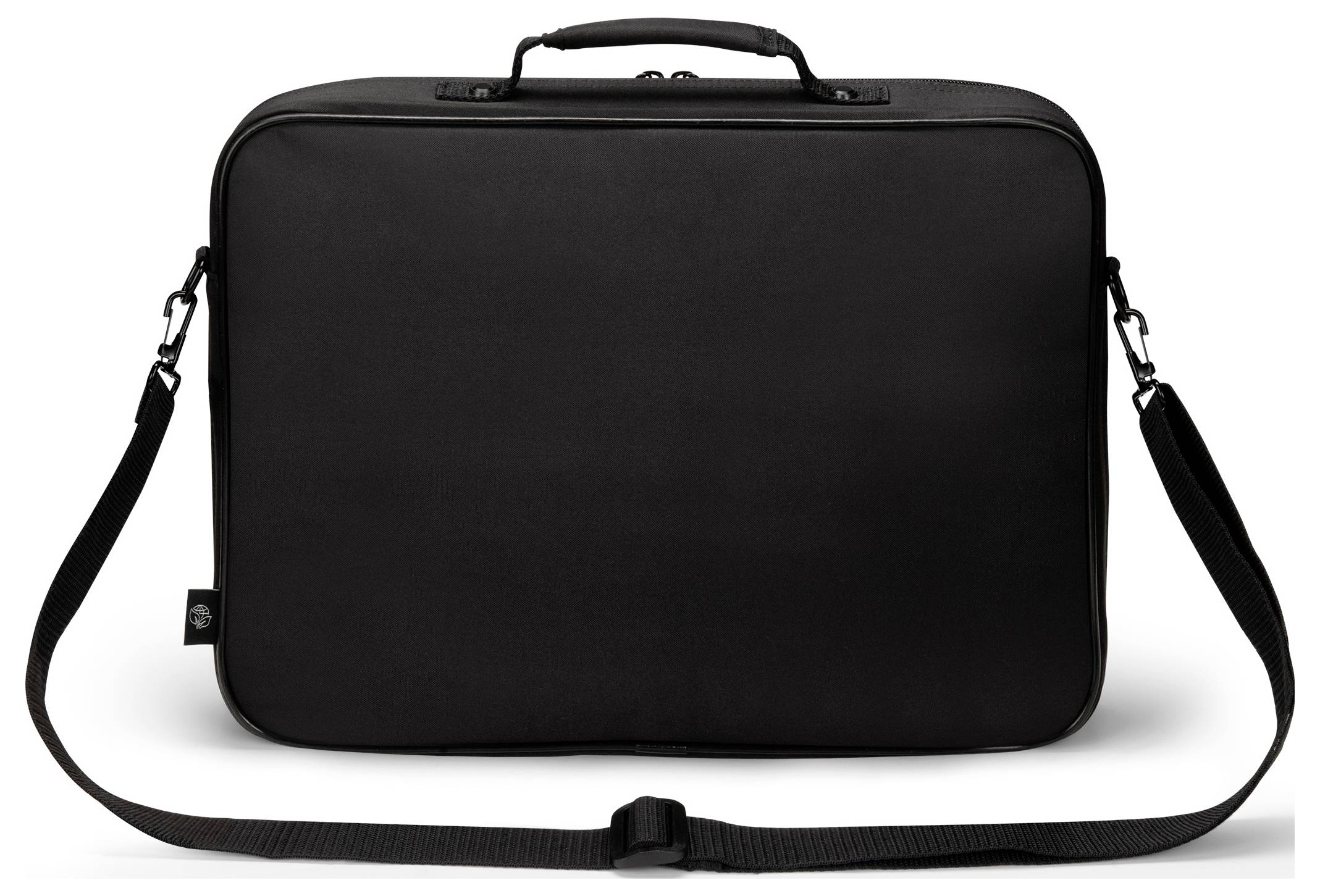 Zwarte laptoptas met schouderband, vooraanzicht.