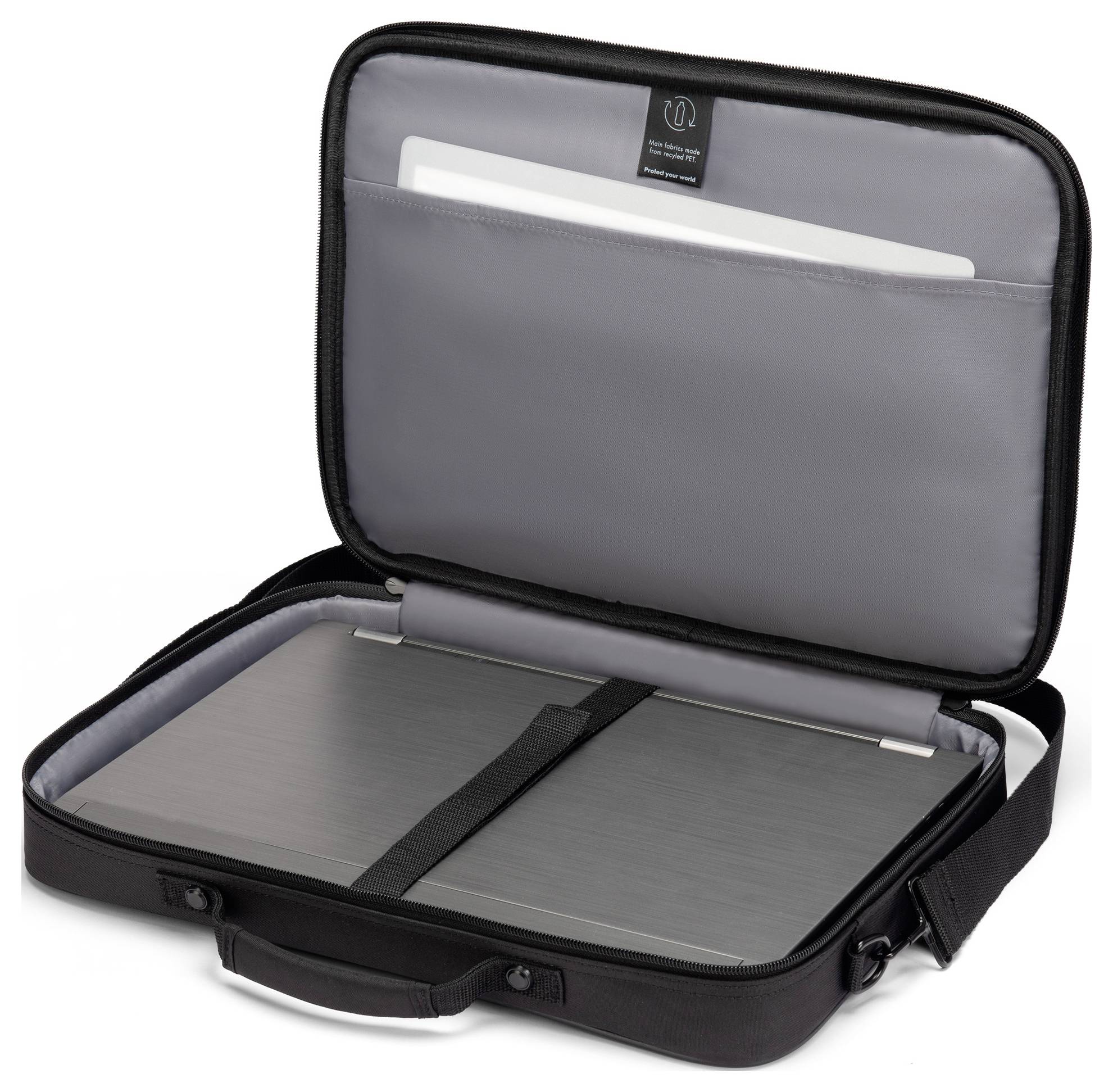 Een geopende zwarte laptoptas met een laptop en een tablet in een gewatteerd vak. De tas heeft een handgreep.