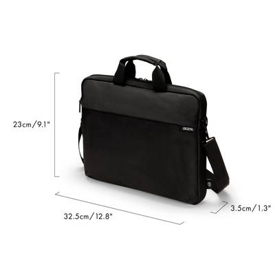 Zwarte laptoptas met schouderband. Afmetingen: 32,5 cm x 23 cm x 3,5 cm. Geschikt voor laptops, beschermt en transporteert.
