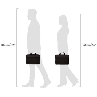 Afbeelding toont twee silhouetten met koffers. Eén figuur is 182 cm groot, de andere 168 cm, ter vergelijking.