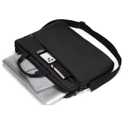Zwarte laptoptas met schouderriem. Een laptop, smartphone, pen en notitieboek zijn zichtbaar in de verschillende vakken.