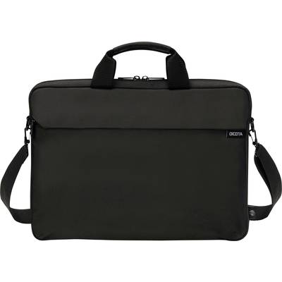Zwarte laptoptas met handgreep en schouderband.
