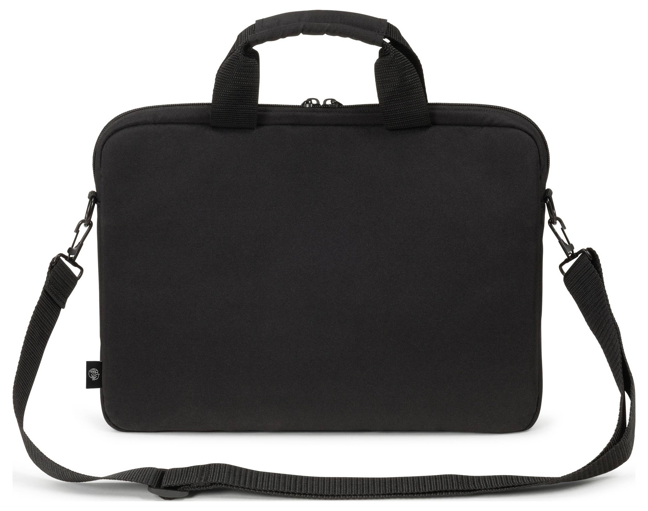 Zwarte laptoptas met handgreep en verstelbare schouderband. Hij heeft een strak, functioneel ontwerp zonder zichtbare logo's of versieringen.