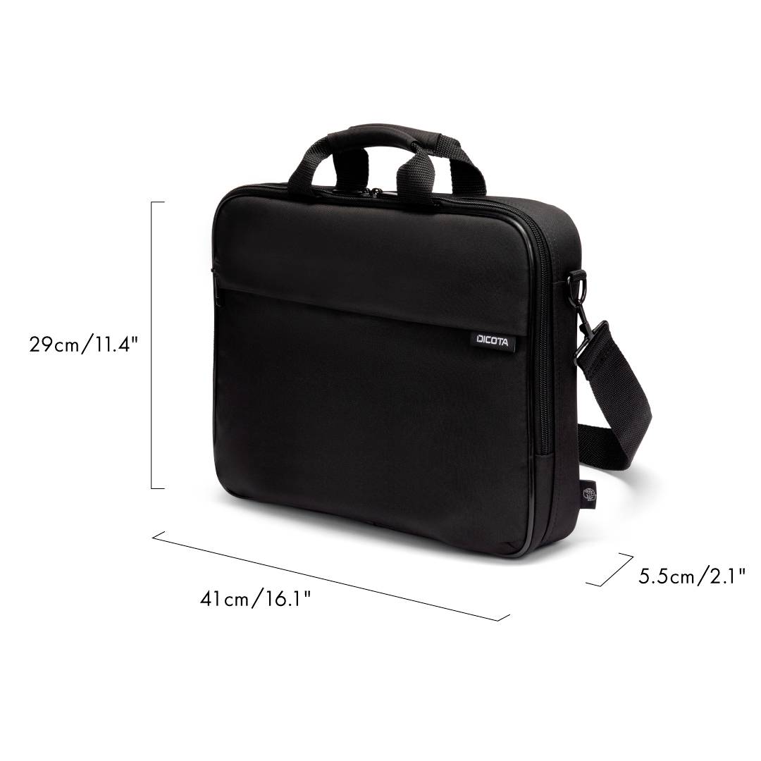 Zwarte laptoptas met handgrepen en schouderband, afmetingen: 29 cm hoogte, 41 cm breedte, 5,5 cm diepte, strak design voor transport.