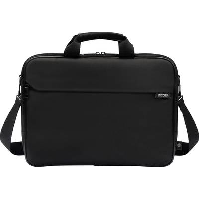 Zwarte laptoptas met handgreep en schouderband, strak design. Geschikt voor laptops, biedt bescherming en mobiliteit.