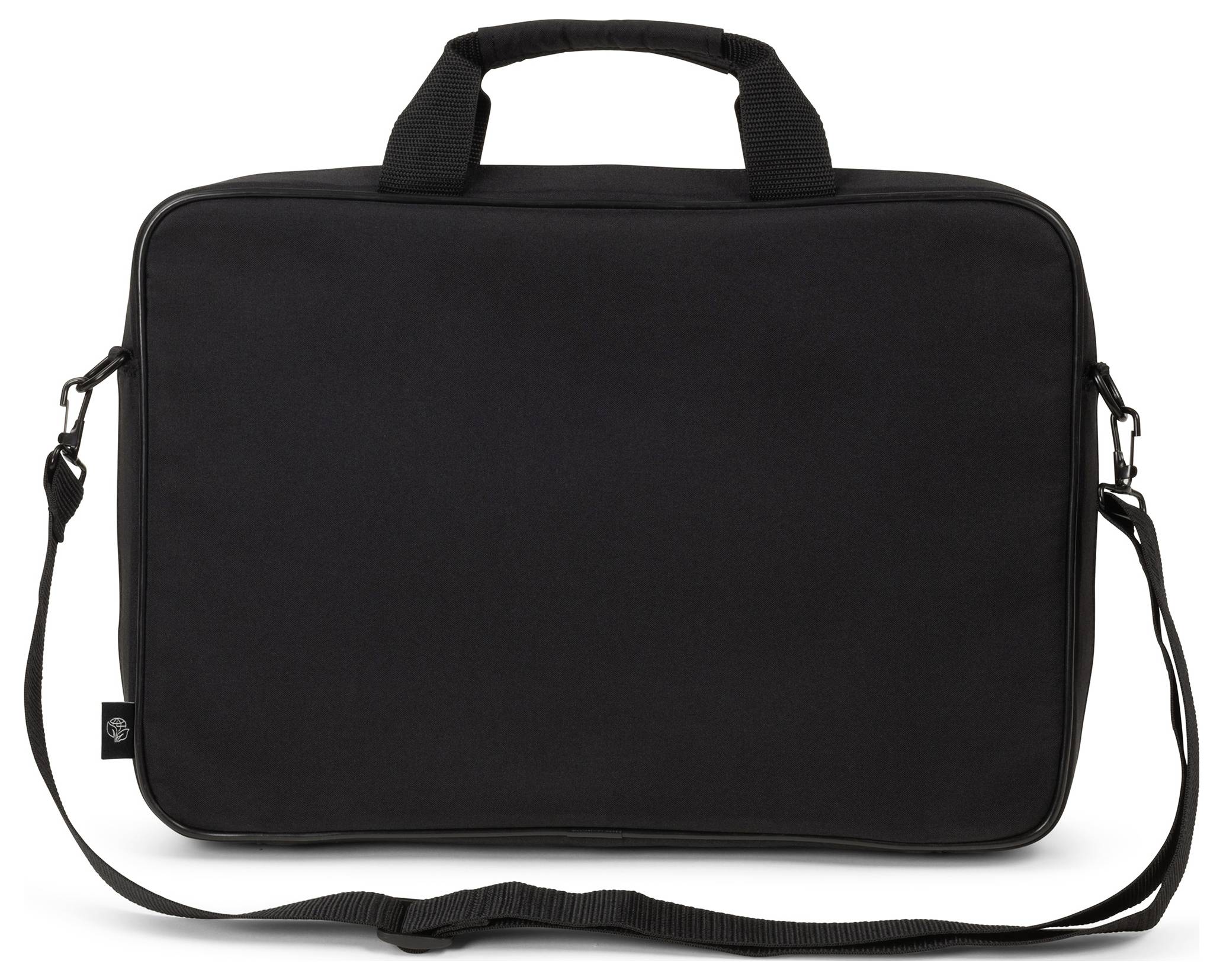 Zwarte laptoptas met handgrepen en afneembare schouderband.