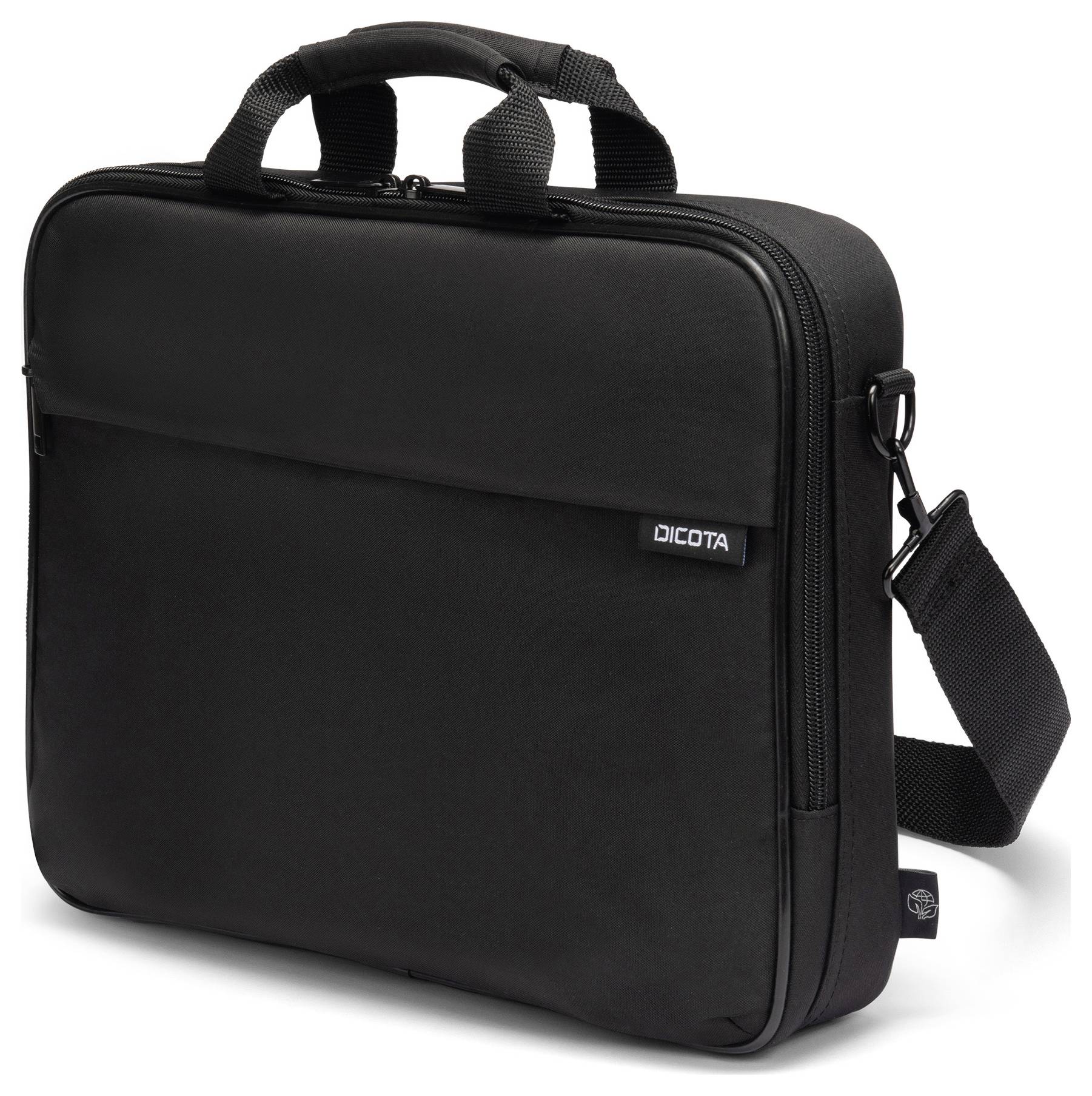 Een zwarte laptoptas met schouderband en handgrepen. Hij heeft een strak, functioneel ontwerp en een voorvak.