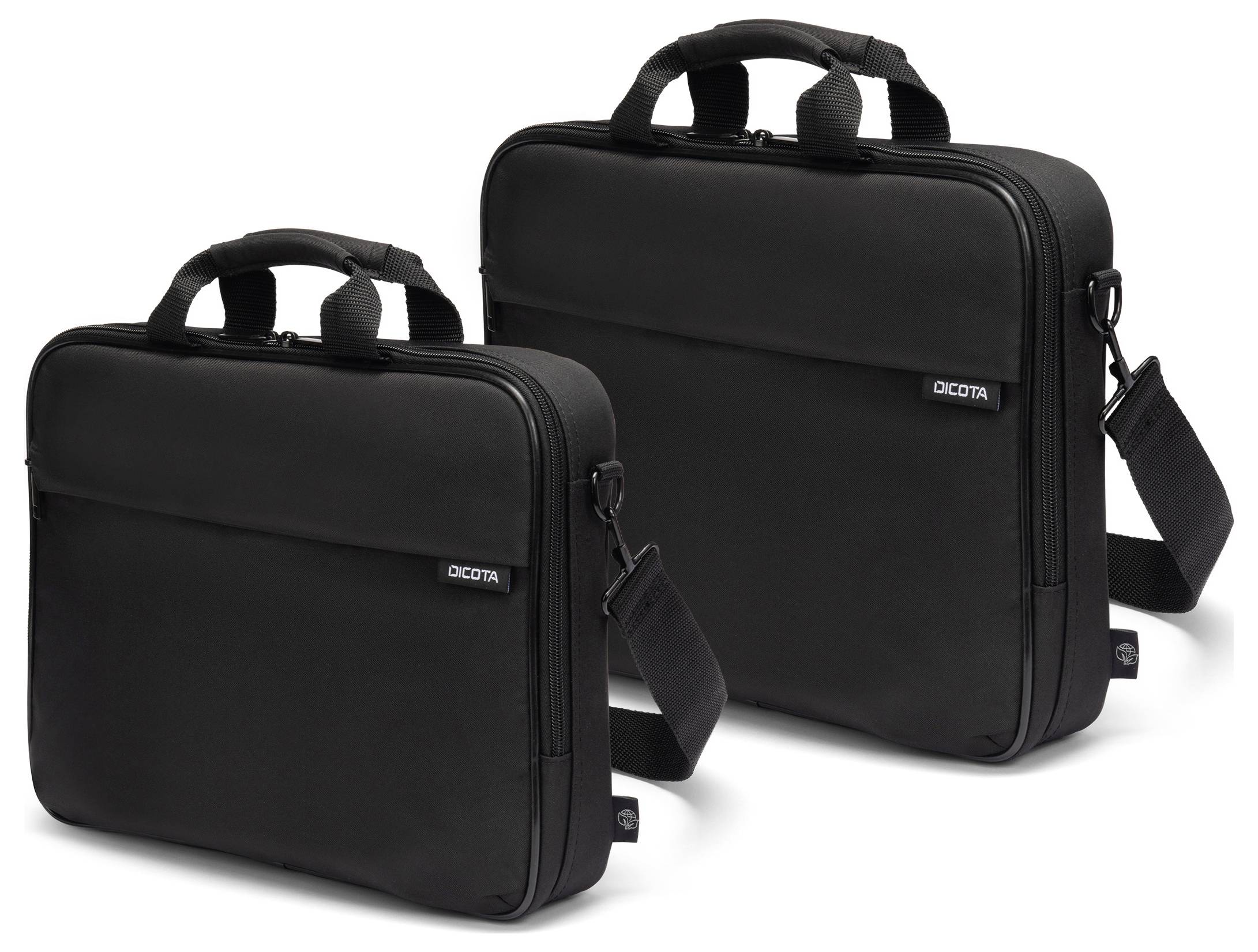 Twee zwarte laptoptassen met handgrepen en schouderriemen. Beide hebben een strak ontwerp met een kleine logoprint.