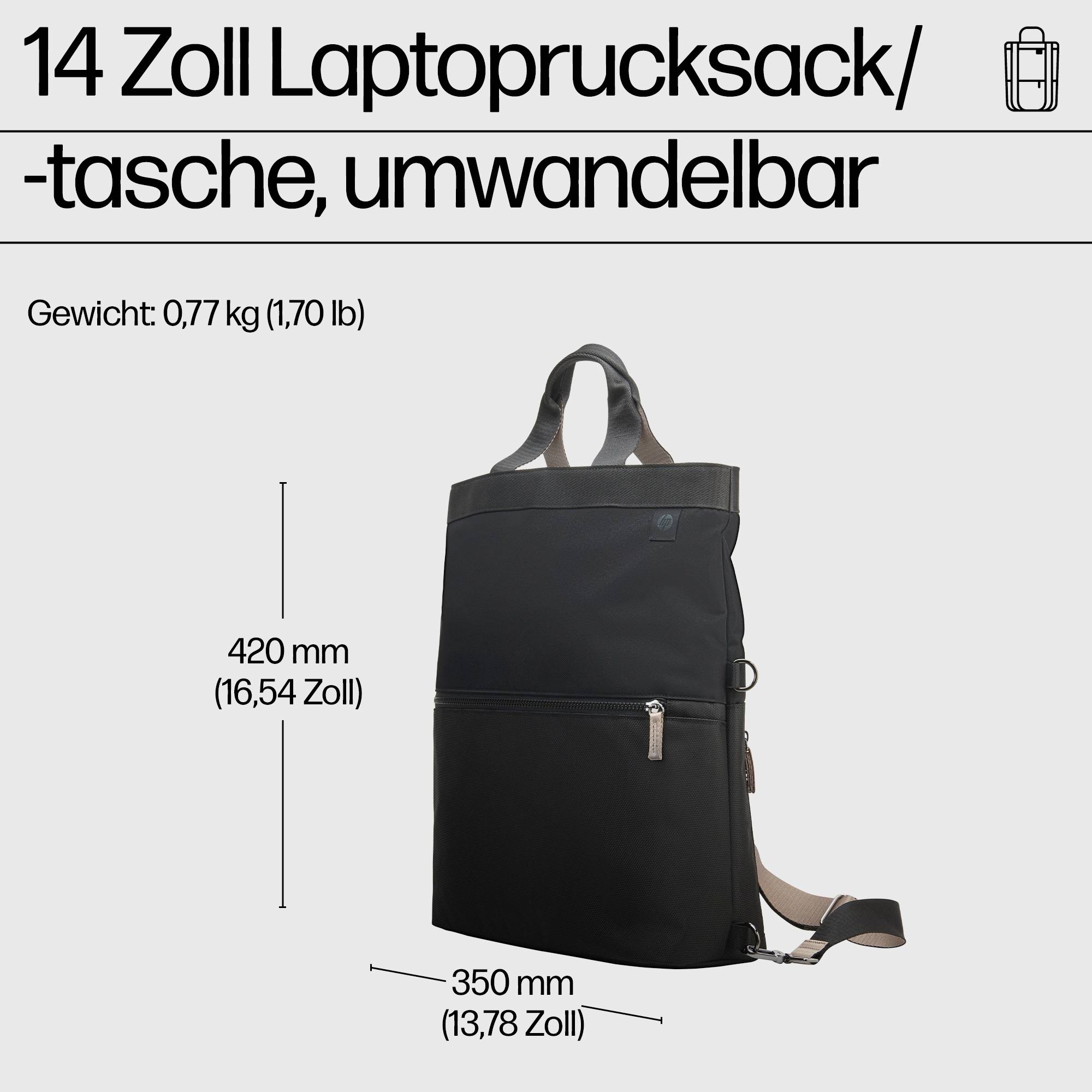 '14 inch laptoptas/rugzak, converteerbaar' in Zwart. Gewicht: 0,77 kg. Afmetingen: 420 mm hoogte, 350 mm breedte.