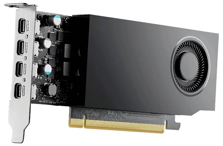 Een grafische kaart met een zwarte behuizing en ventilator, vier display-aansluitingen en een goudkleurige contactstrip.