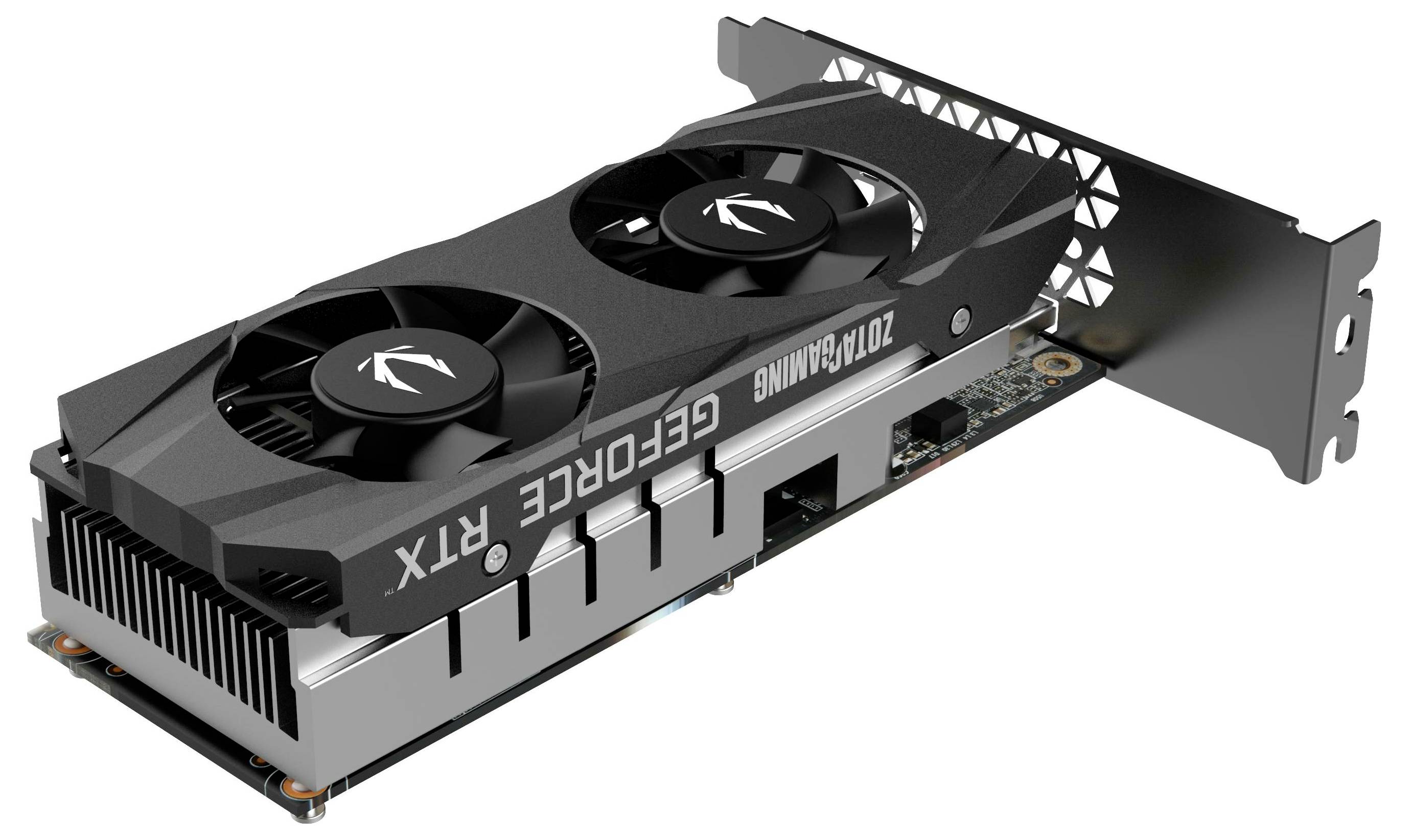 Een grafische kaart met twee ventilatoren en de opdruk 'GeForce RTX', geschikt voor krachtig gamen en grafische verwerking.