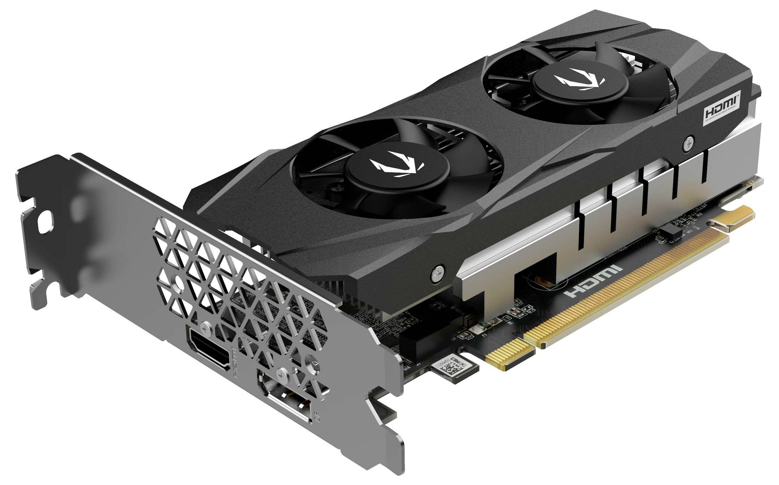 Videokaart met twee ventilatoren, Zotac-model, PCIe-interface, HDMI-aansluiting zichtbaar, geschikt voor desktopcomputers.