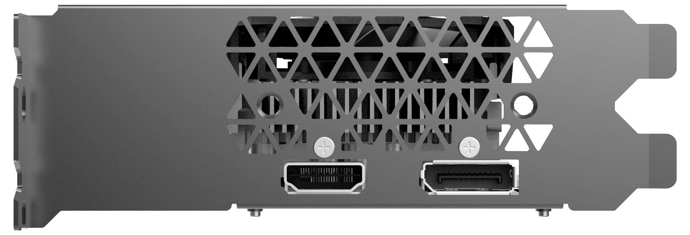 Achterkant van een videokaart met verluchtingssleuven en twee aansluitingen, waaronder HDMI en DisplayPort.