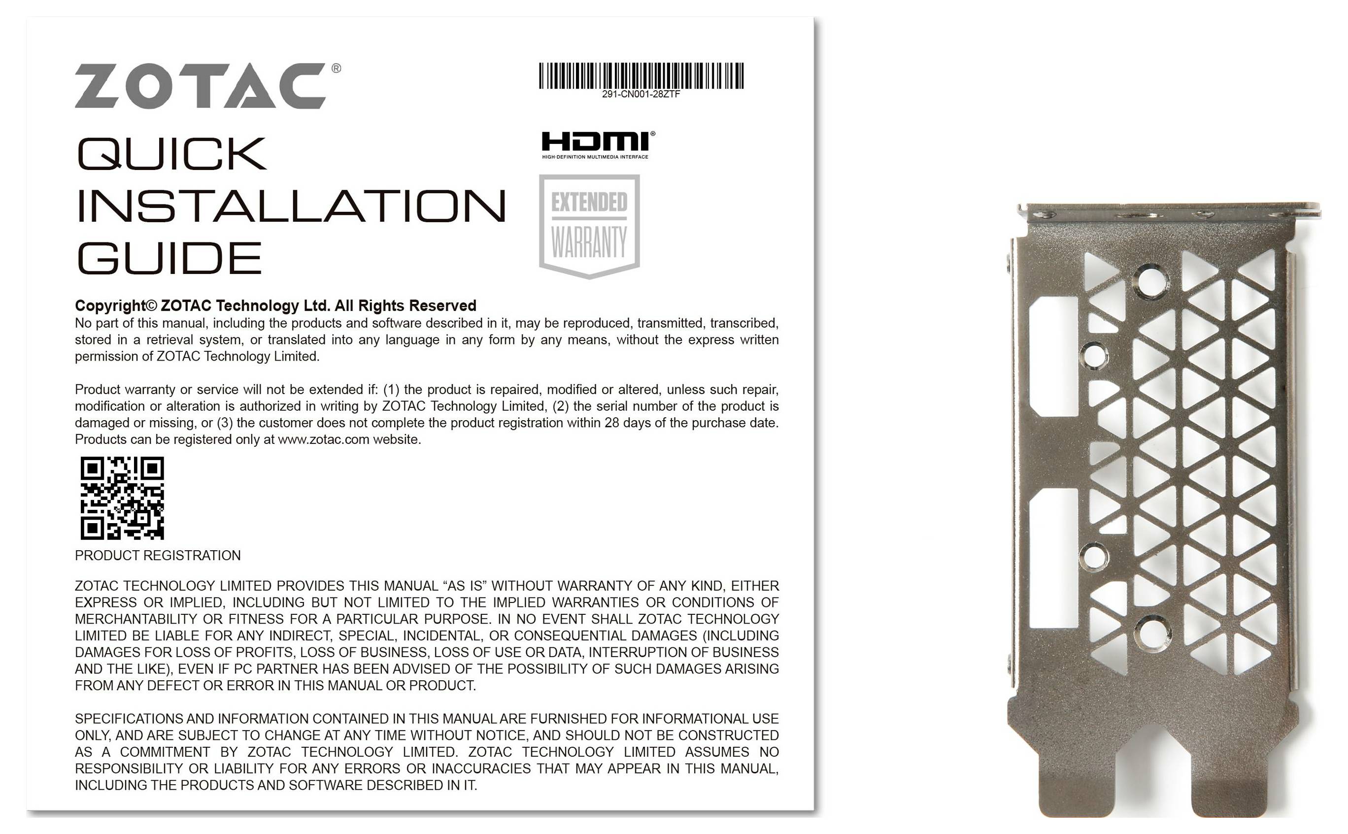 'Snelle installatiehandleiding van ZOTAC met garantiemededeling en afbeelding van een montageplaatje rechts. Bevat installatievoorschriften.'