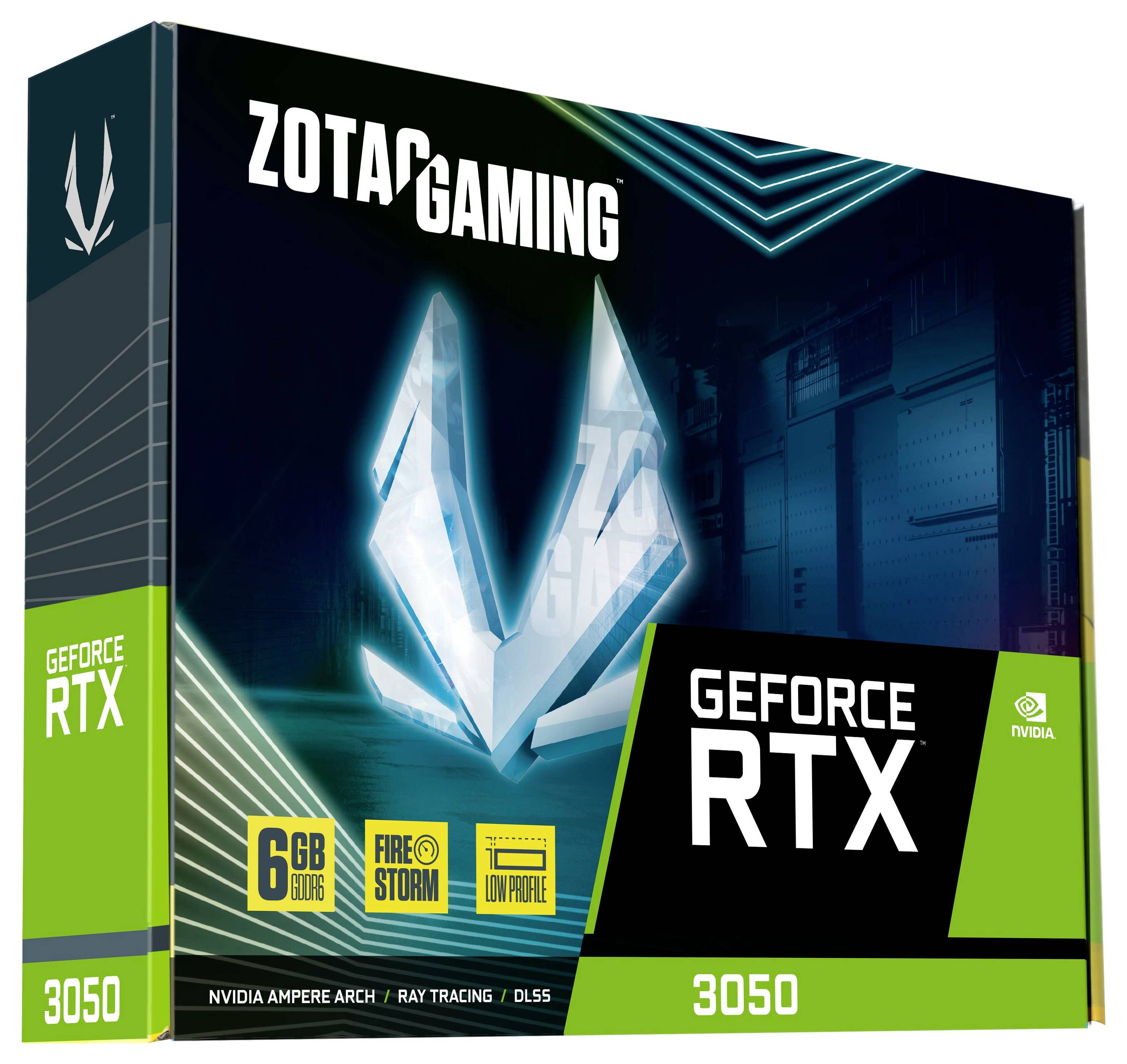 Verpakking van een ZOTAC Gaming videokaart, model GeForce RTX 3050, met 6 GB geheugen. Bevat logo's van NVIDIA en verschillende technische symbolen.