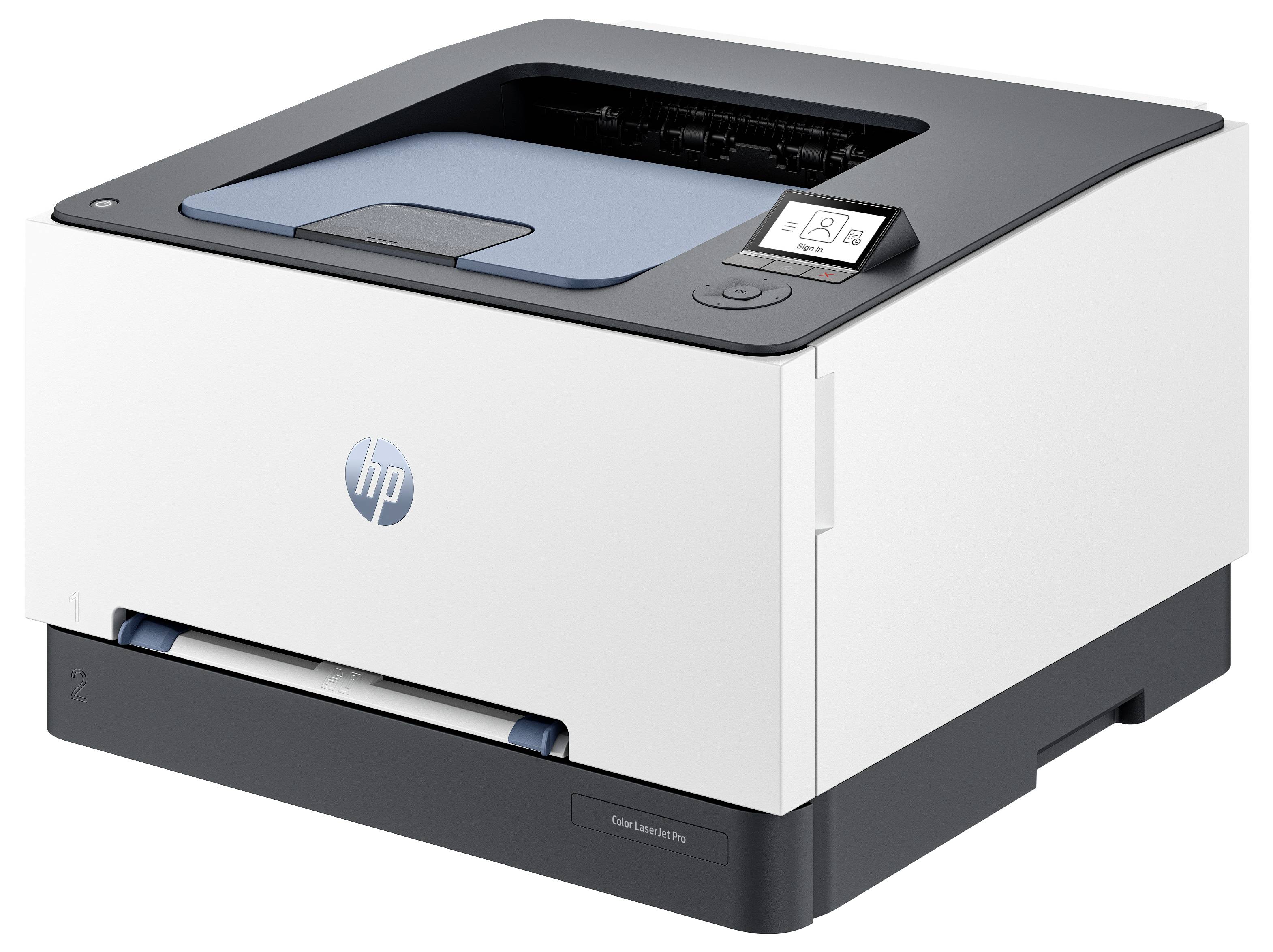 HP kleurlaser printer weergegeven onder een hoek, met papier-uitvoerlade, document-invoer bovenaan, en klein bedieningsscherm.