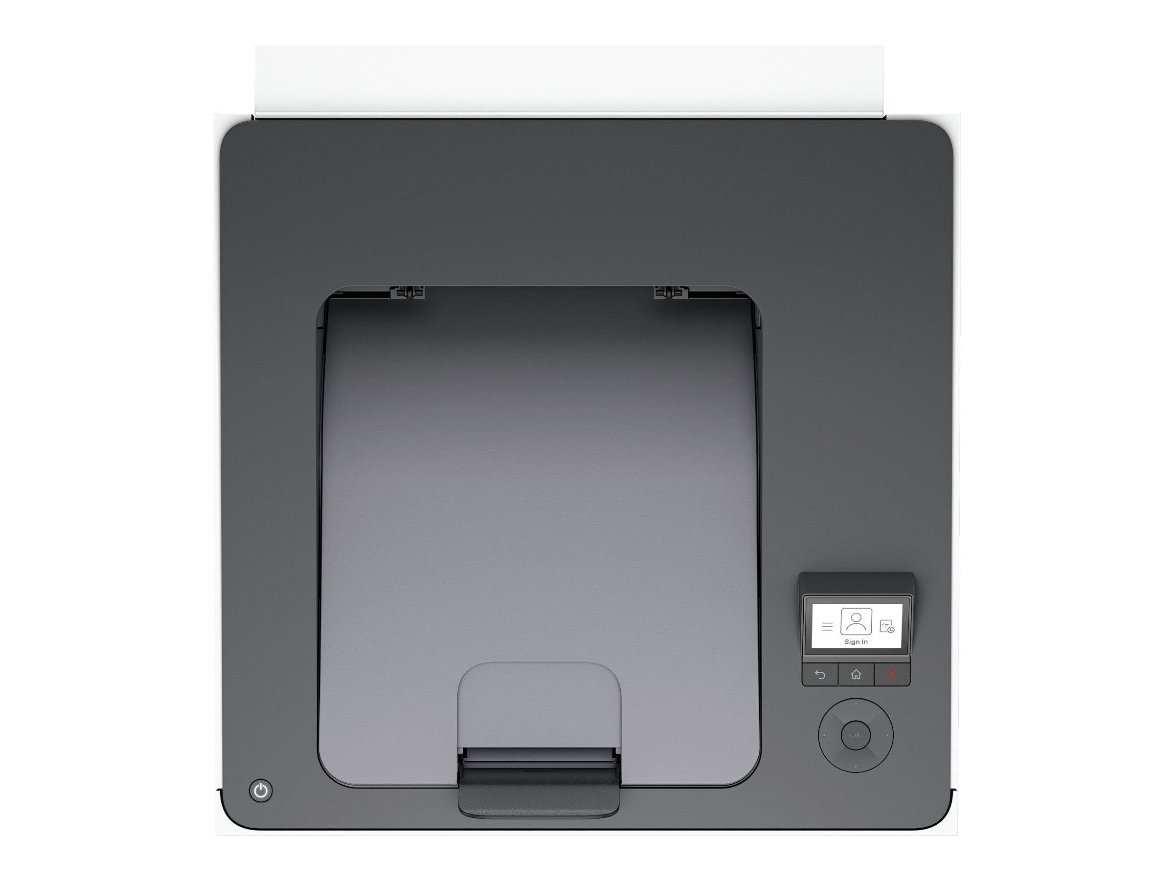 Bovenaanzicht van een moderne printer met een vierkant bedieningspaneel rechts onderaan.