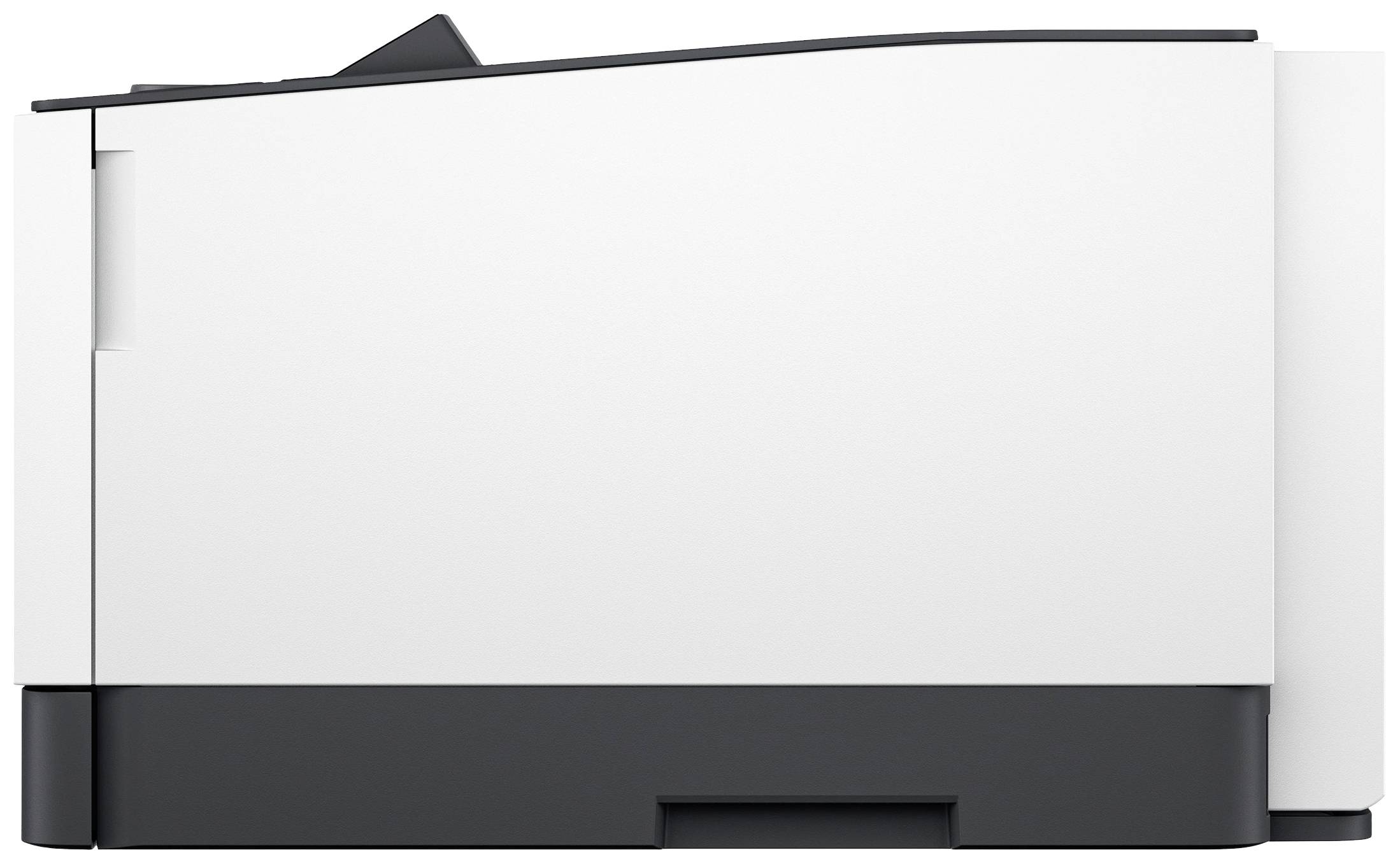 Een moderne printer met een wit behuizing en een zwarte voet, gezien van opzij, tegen een neutrale achtergrond.