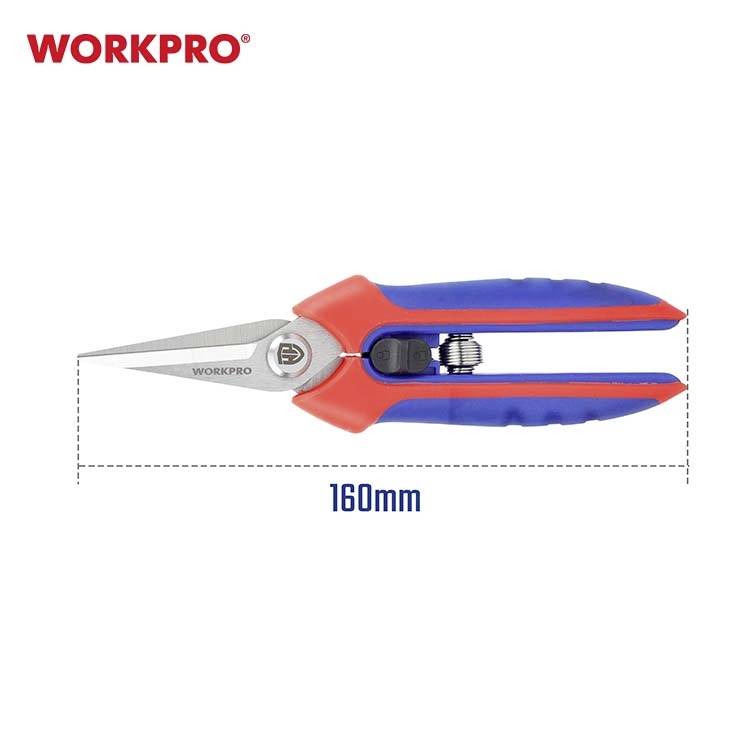 Een rode en blauwe schaar met een lengte van 160 mm, gemerkt met 'WORKPRO'.