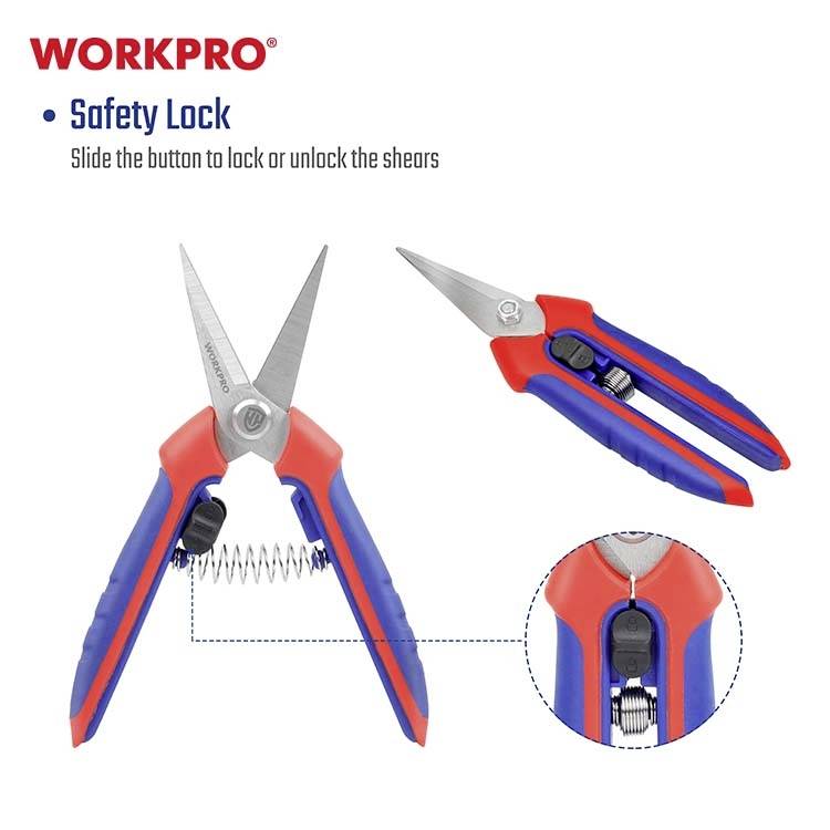 Schaar met rode en blauwe handgreep. Tekst 'WORKPRO', 'Safety Lock'. Veiligheidsslotmechanisme om de schaar te vergrendelen.