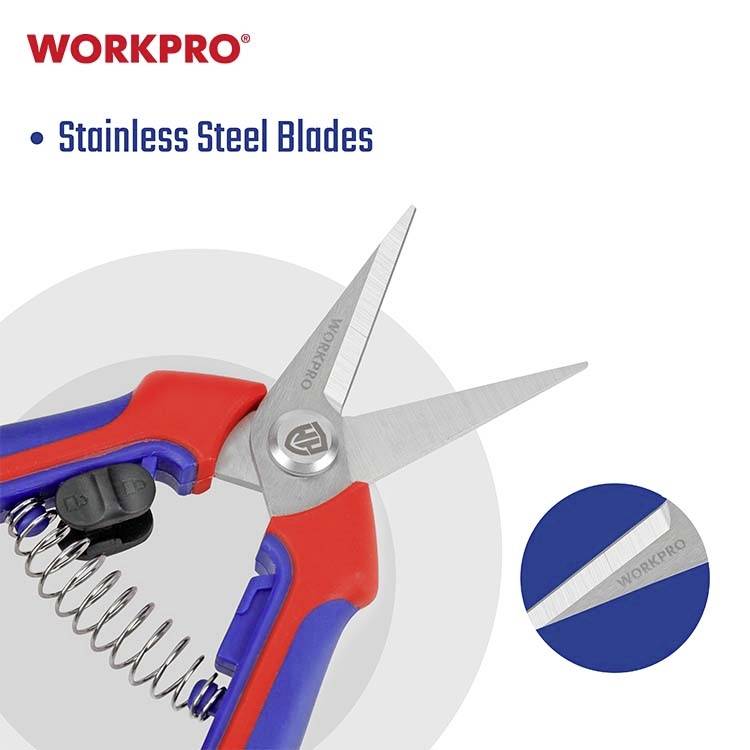 Een rood-blauwe werkschaar met roestvrij stalen messen en veerconstructie, merknaam 'WORKPRO'. Tekst 'Roestvrij stalen messen'.