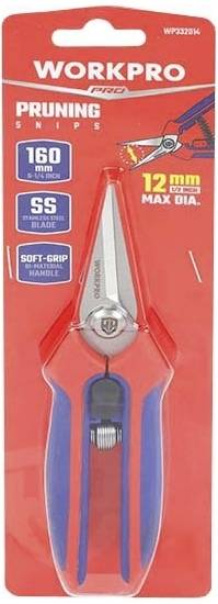 'WORKPRO' Tuinschaar, 160 mm lengte, roestvrij staal, zacht handvat, knipt takken tot 12 mm diameter, in rode verpakking.