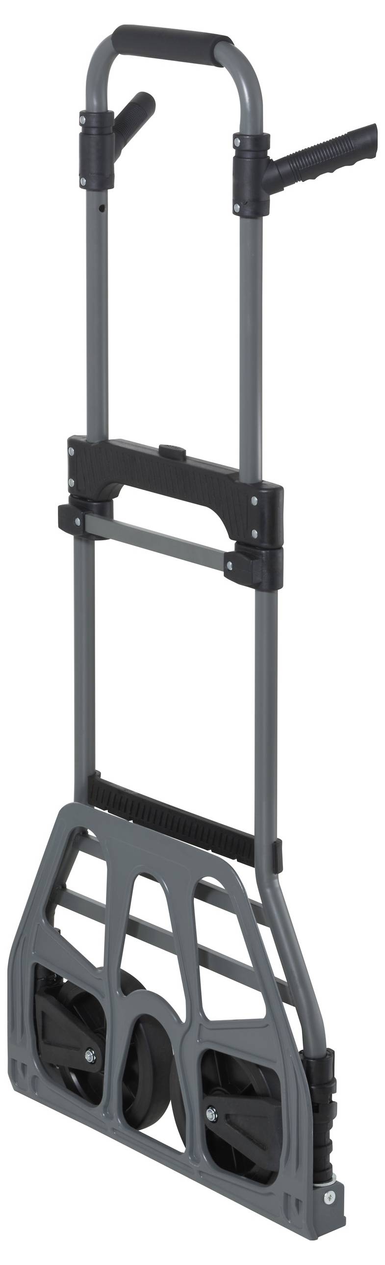 Grijze, opvouwbare bolderwagen met zwarte handgreep, grote wielen en metalen frame, geschikt voor het transport van zware lasten.